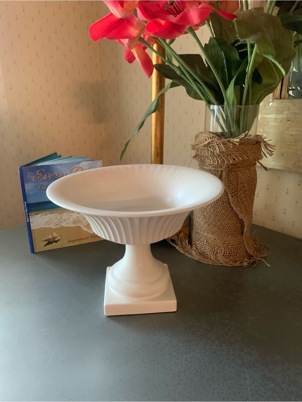 VINTAGE, RARE WHITE Hyalyn pedestal fruit bowl.
